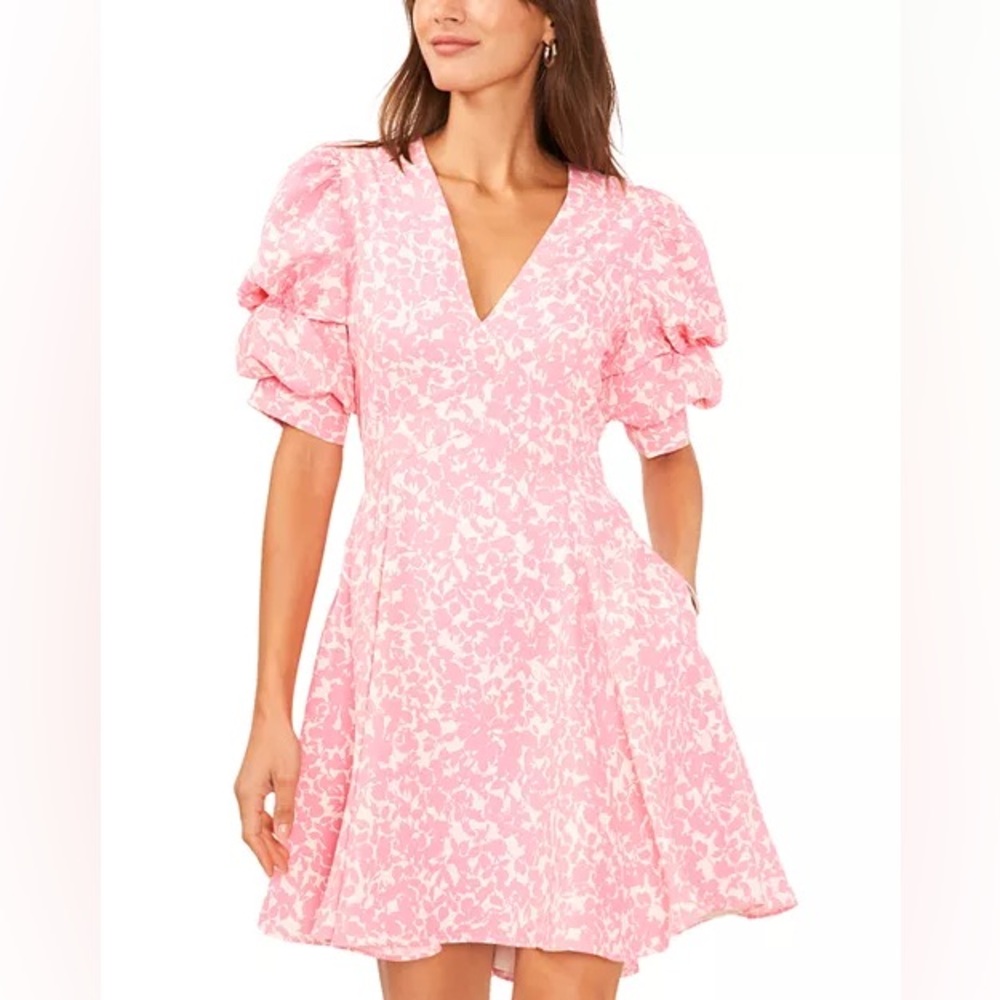 1. State Tiered Bubble Sleeve Dress in Pink & White with Pockets Size Medium
